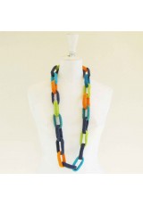 Collier chaîne, anneaux crochetés, bleus, turquoise, anis et orange
