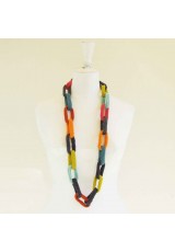 Collier chaîne, anneaux crochetés, gris, turquoise, anis et orange