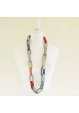 Collier chaîne, anneaux crochetés, naturel, bleu ciel, pêche et orange