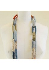 Collier chaîne, anneaux crochetés, naturel, bleu ciel, pêche et orange