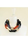 Sautoir chaîne, anneaux crochetés, naturel, noir, bleus et orange
