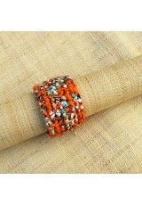 Manchette en wax orange, brun, turquoise, moutarde et blanc