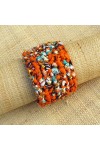 Manchette en wax orange, brun, turquoise, moutarde et blanc