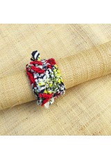 Manchette en wax rouge, marine, vert, jaune et blanc avec franges