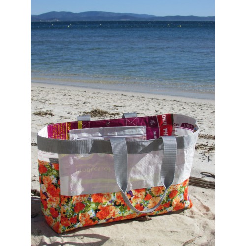 Cabas en sac de riz et coton fleuri orange et blanc