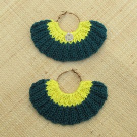 Boucles d'oreilles &eacute;ventail vert sapin et jaune citron