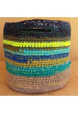 Cabas crocheté multicolore Zpagetti et jute, kaki foncé, vert olive, citron, curry, turquoise et bleu