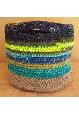 Cabas crochet multicolore Zpagetti et jute, marine, kaki, jaune, turquoise et bleu