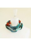 Sautoir chaîne, anneaux crochetés, aquamarine, vert, turquoise et orange